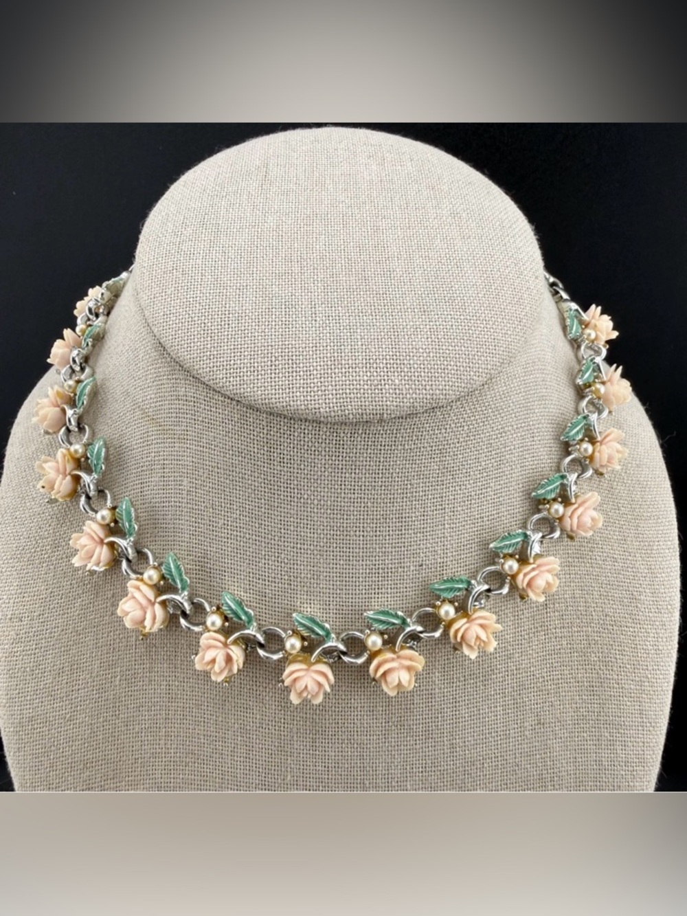 Pink Celluloid Roses With Green Leaves And Small Faux Pearls Necklace - Picture 1 of 12